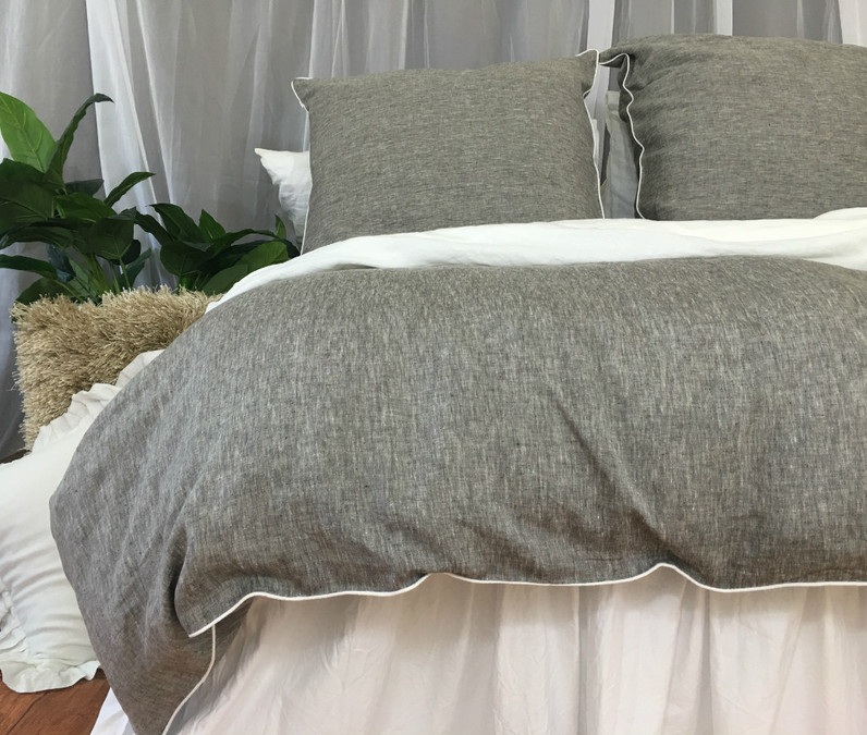 Chambray Grey Linen Duvet Cover With Soft White Piping Available