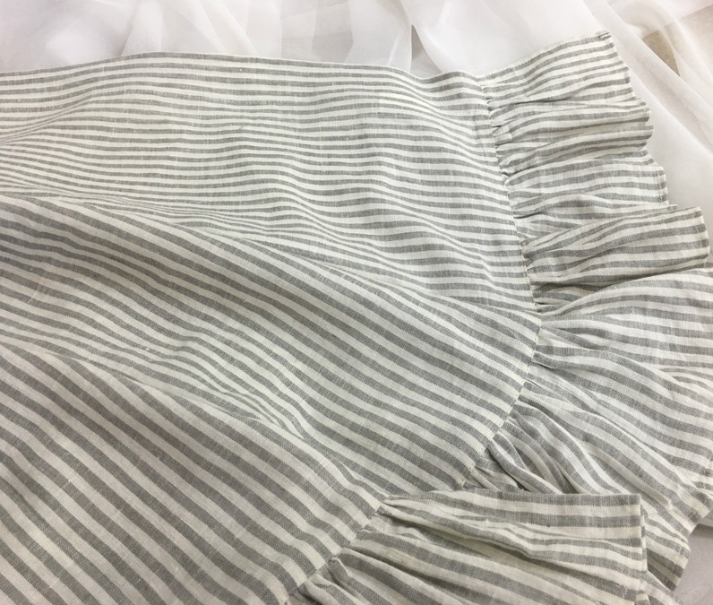 Grey stripe Linen shower curtain features ruffle hem - Mildew-Free ...