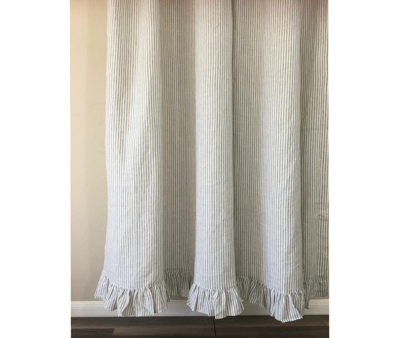 Grey stripe Linen shower curtain features ruffle hem - Mildew-Free ...