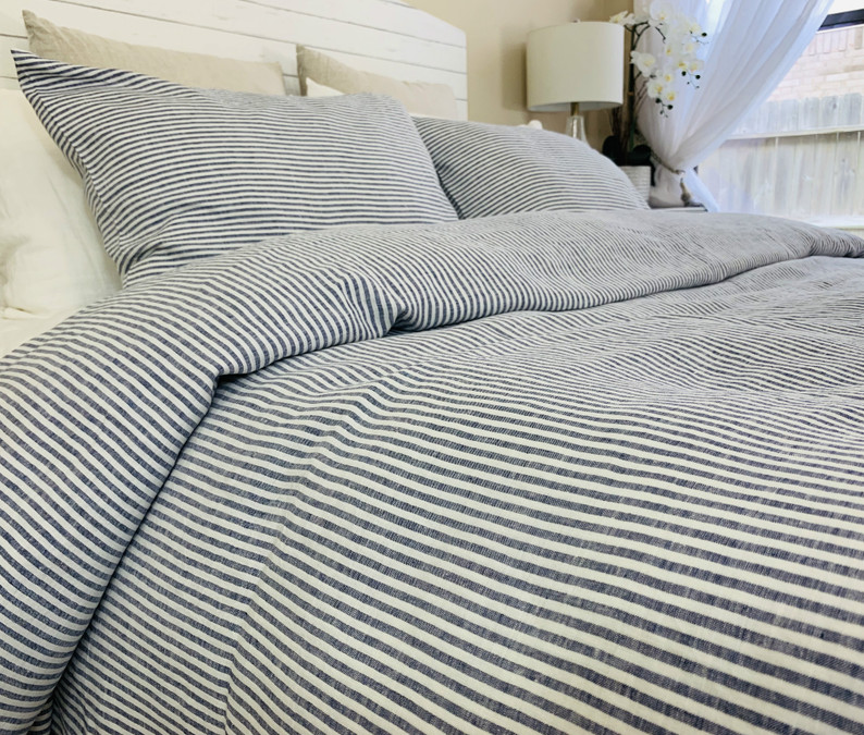 Denim Navy and White Striped Linen Duvet Cover