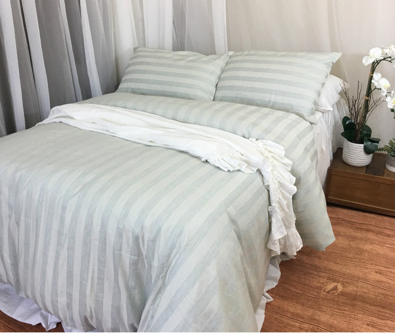 Chambray Moss Striped Linen Duvet Cover