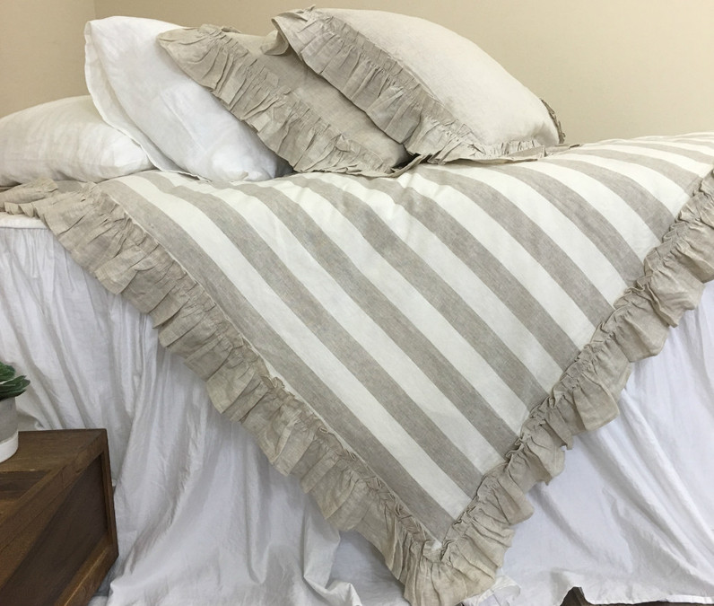 Linen Striped Duvet Cover Features Vintage Ruffles Create Your Style