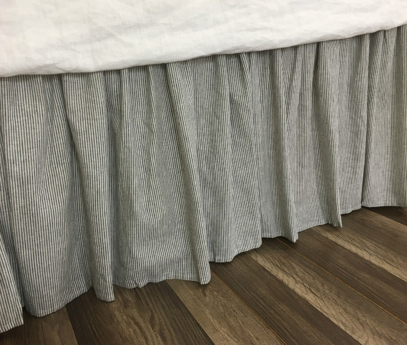 Subtle Black and White Striped Bed Skirt, Natural Linen Flax Bed Skirt