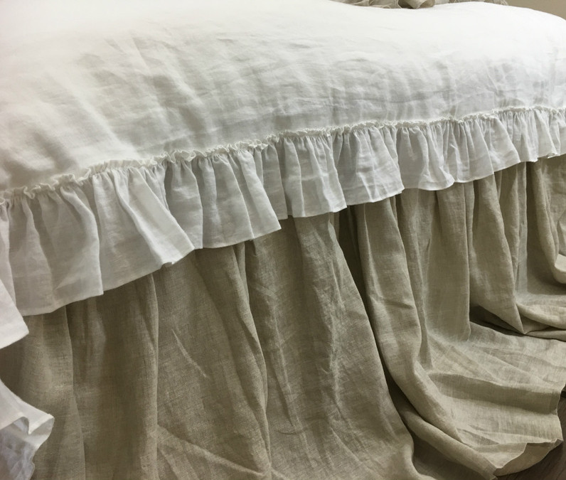 White Linen Duvet Cover with Country Ruffle Hem, Cottage Glamour