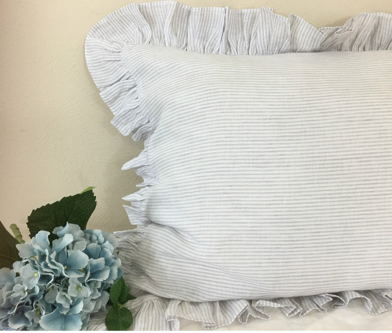 Stone Grey Ticking Striped Ruffle Euro Sham Cover, Natural Linen Weaved Stripes –Inspired by country-style design