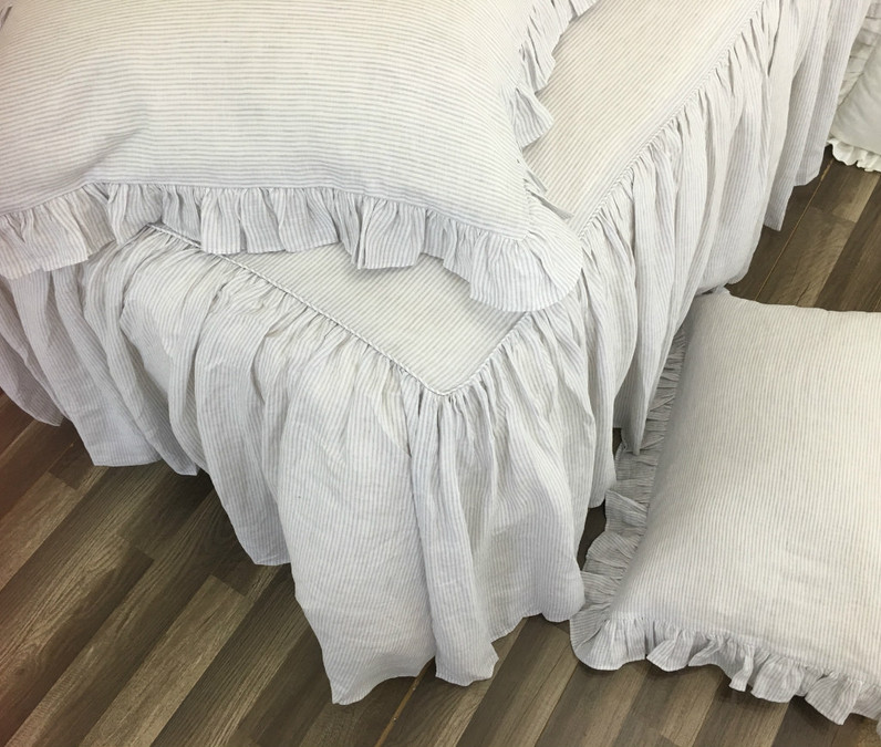 Ruffled Pinstripe Duvet Cover in Grey and White, Natural Linen