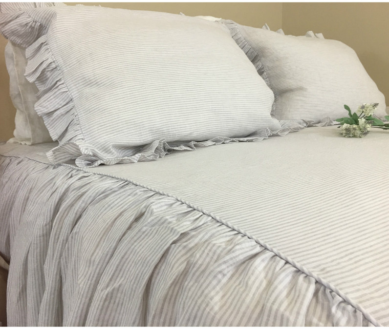 Ruffled Pinstripe Duvet Cover in Grey and White, Natural Linen