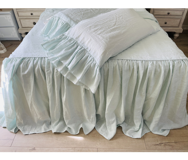 Elegant Linen Bedspread with Full Ruffle Skirt – Mist Ocean Collection