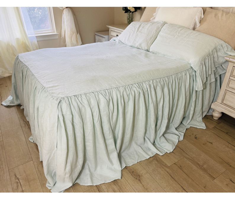 Custom Linen Bedspread with Ruffles – Mist Ocean Blue Bedding