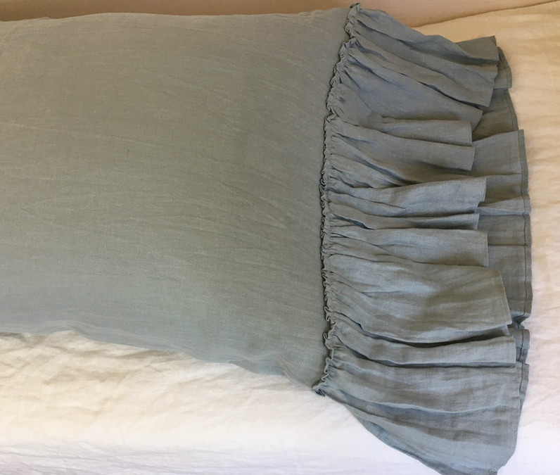 Duck Egg Blue Linen Pillow Cases with Mermaid Country Ruffles - A Pair