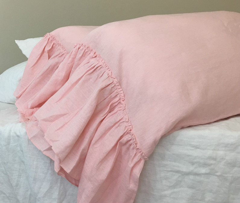 Pink Linen Pillow Cases with Country Mermaid Long Ruffles, eye pleasing!