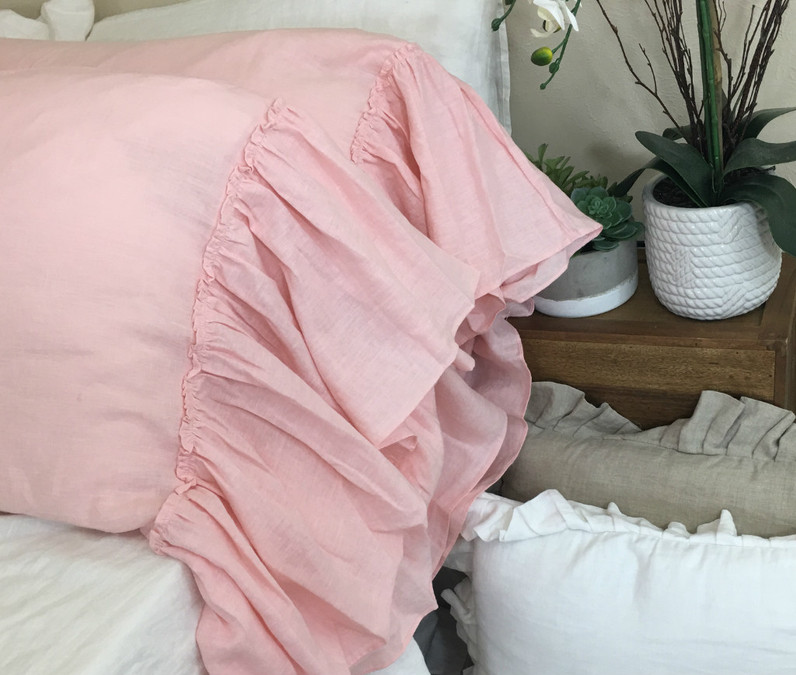 Pink Linen Pillow Cases with Country Mermaid Long Ruffles, eye pleasing!