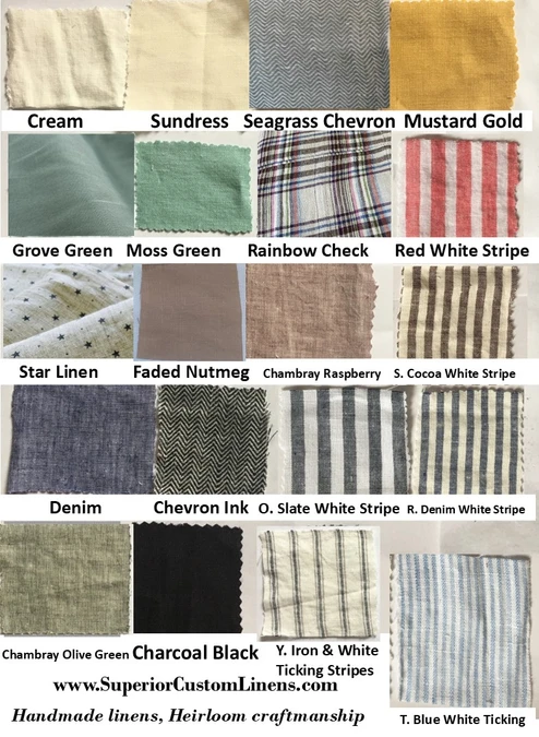linen swatches, cream, green, gold, rust, denim, stripe