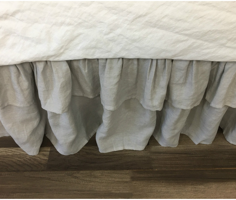 Stone Grey Bed Skirt with 2 tiered Ruffles, Natural Linen Dust Ruffle