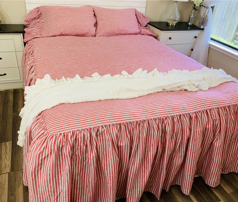 Red and White Striped Bedspread, Linen Bed Cover, Farmhouse Style