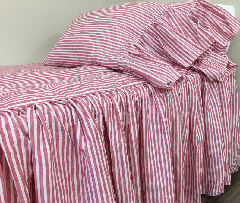 Red and White Striped Bedspread, Linen Bed Cover, Farmhouse Style
