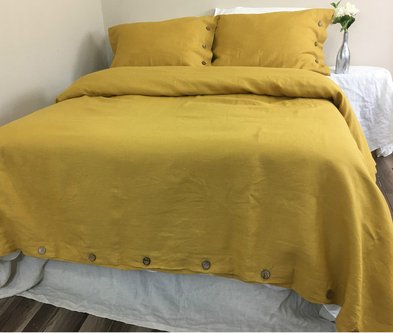 Mustard Gold Linen Duvet Cover With Wooden Button Closure