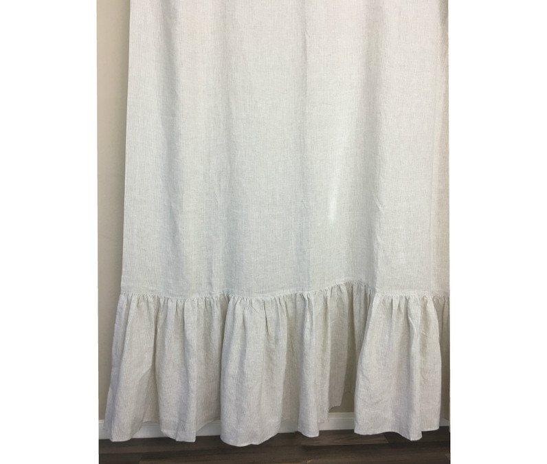 Linen Ticking Striped Shower Curtain with Mermaid Long Ruffles