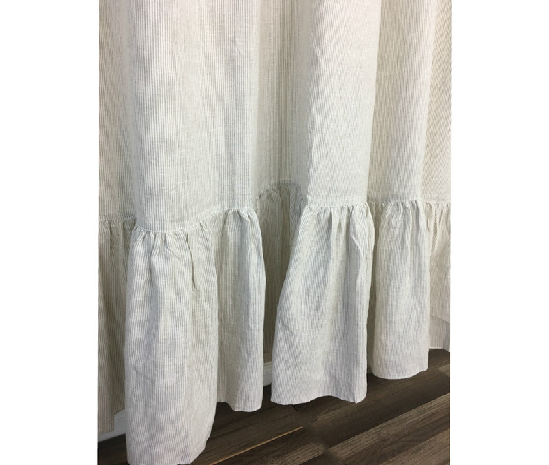 Linen Ticking Striped Shower Curtain with Mermaid Long Ruffles