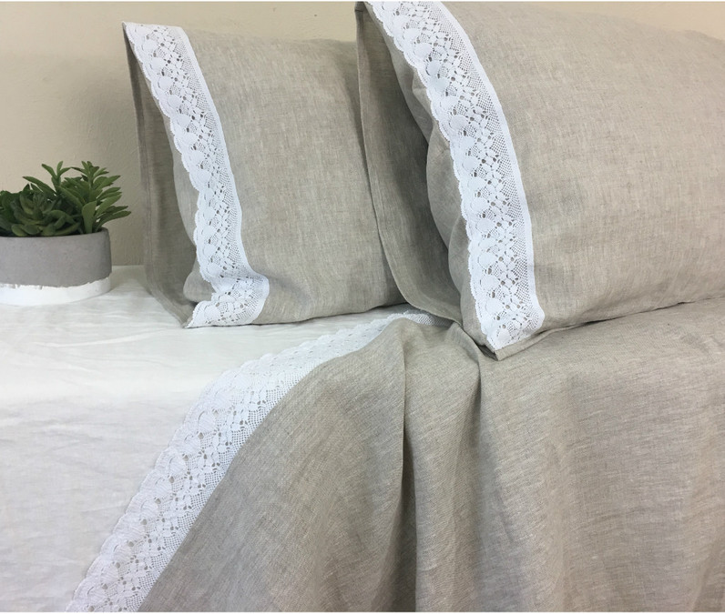 Natural Linen Bed Sheet with Crochet Lace Trim, 40+ Linen ...