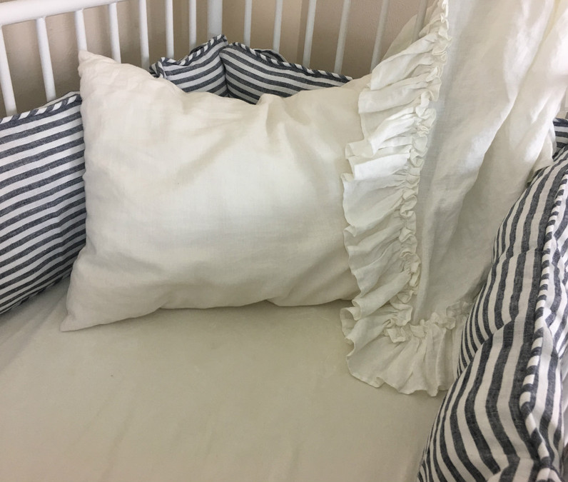 Slate Gray and White striped linen baby bedding set