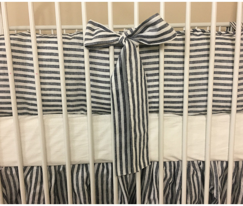 Slate Gray and White striped linen baby bedding set