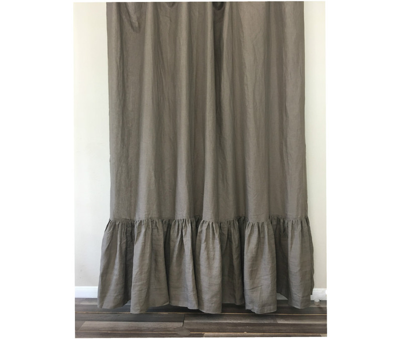 Cedar Dark Brown Linen Shower Curtain with Mermaid Long Ruffles