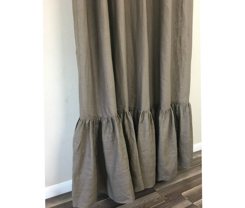 Dark brown linen shower curtain with long ruffles