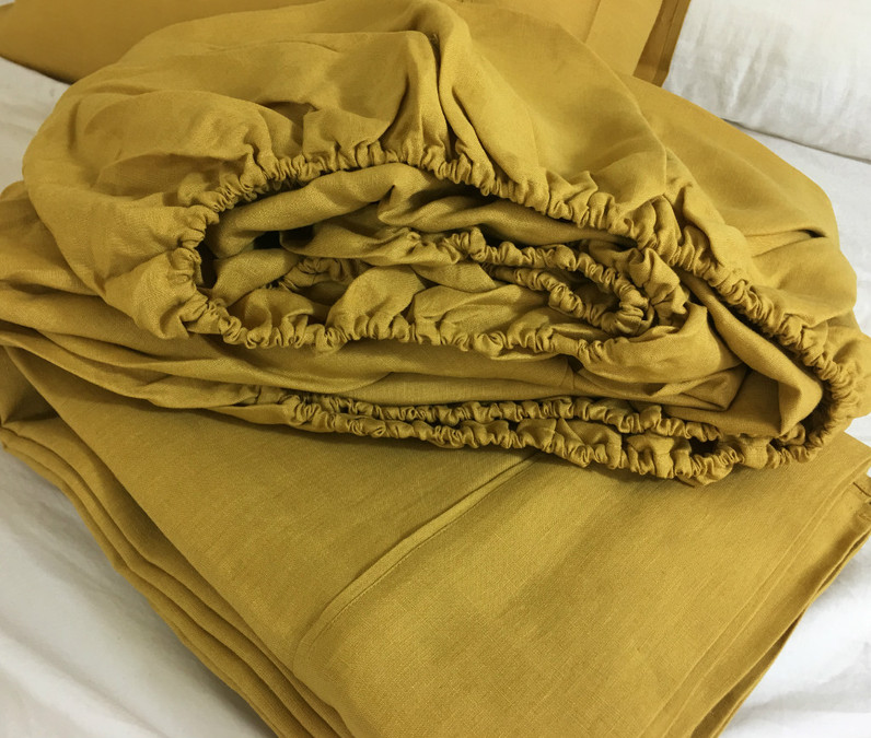 Mustard Gold Linen Bed Sheets Set