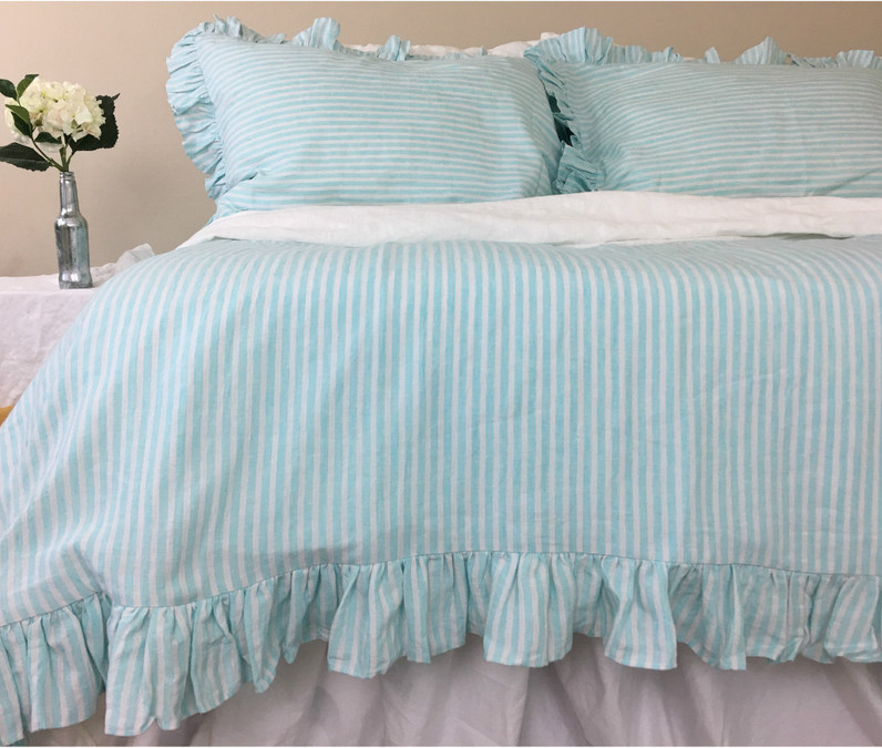 Fresh Green And White Striped Linen Duvet Cover Self Ruffled