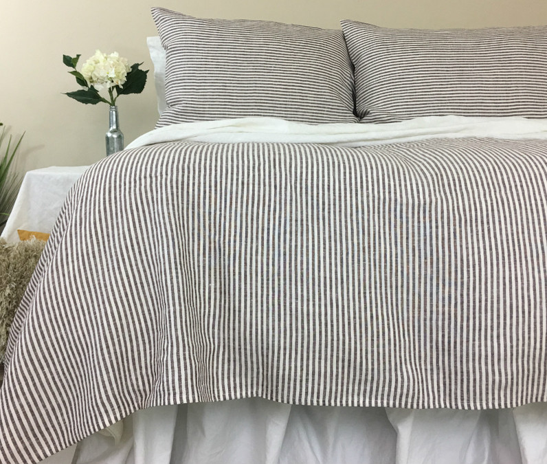 Cocoa Brown And White Striped Linen Duvet Cover