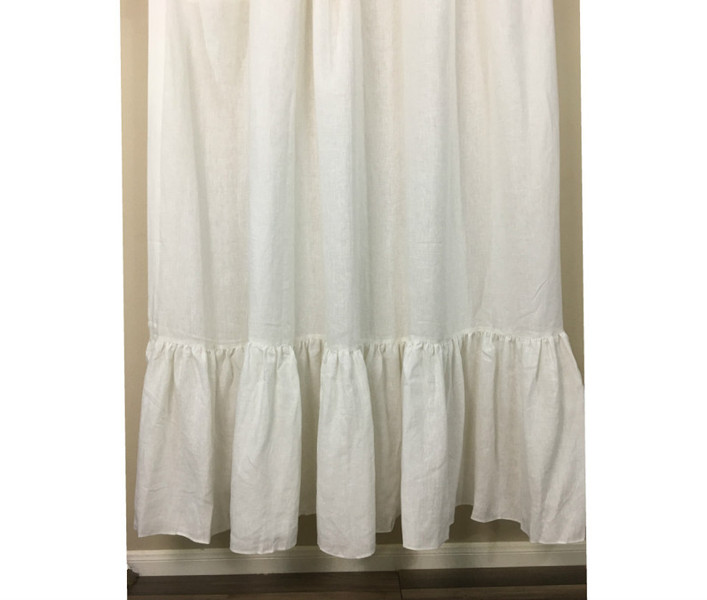 White medium weight linen shower curtain 72Wx108L with 36" mermaid long ruffles, snapable waterproof liner