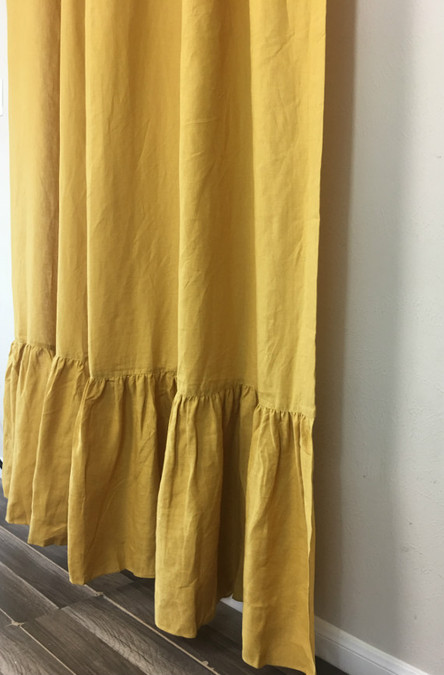 Mustard gold linen shower curtain with mermaid long ruffles