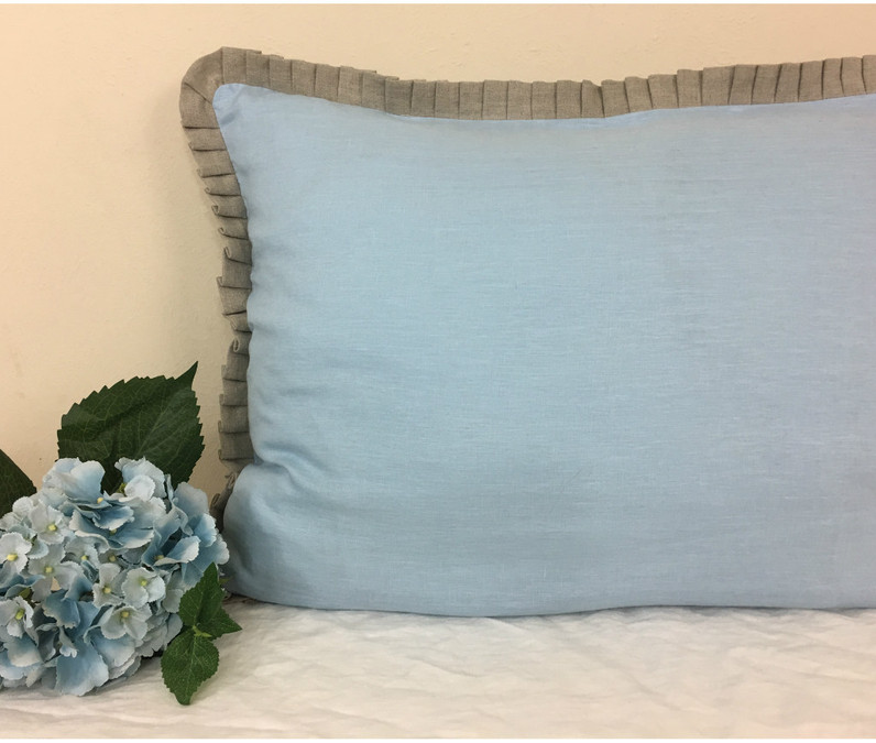 Blue Linen Sham with Dark Linen Petite Pleated Ruffles