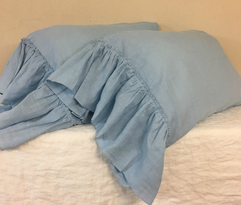 Blue Linen Pillow Cases with Mermaid Long Ruffles