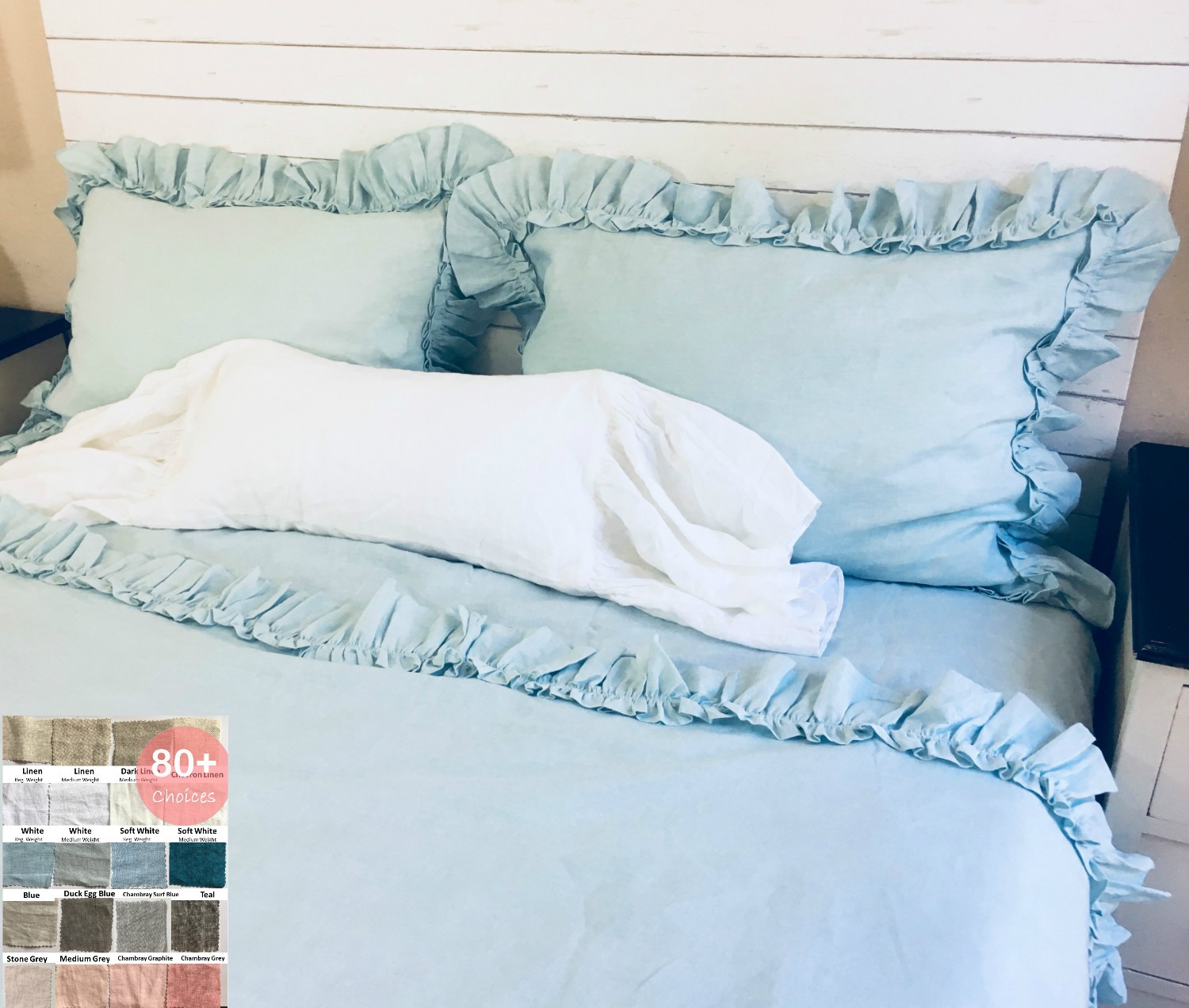Natural Linen Bed Sheet With Vintage Ruffles On Top