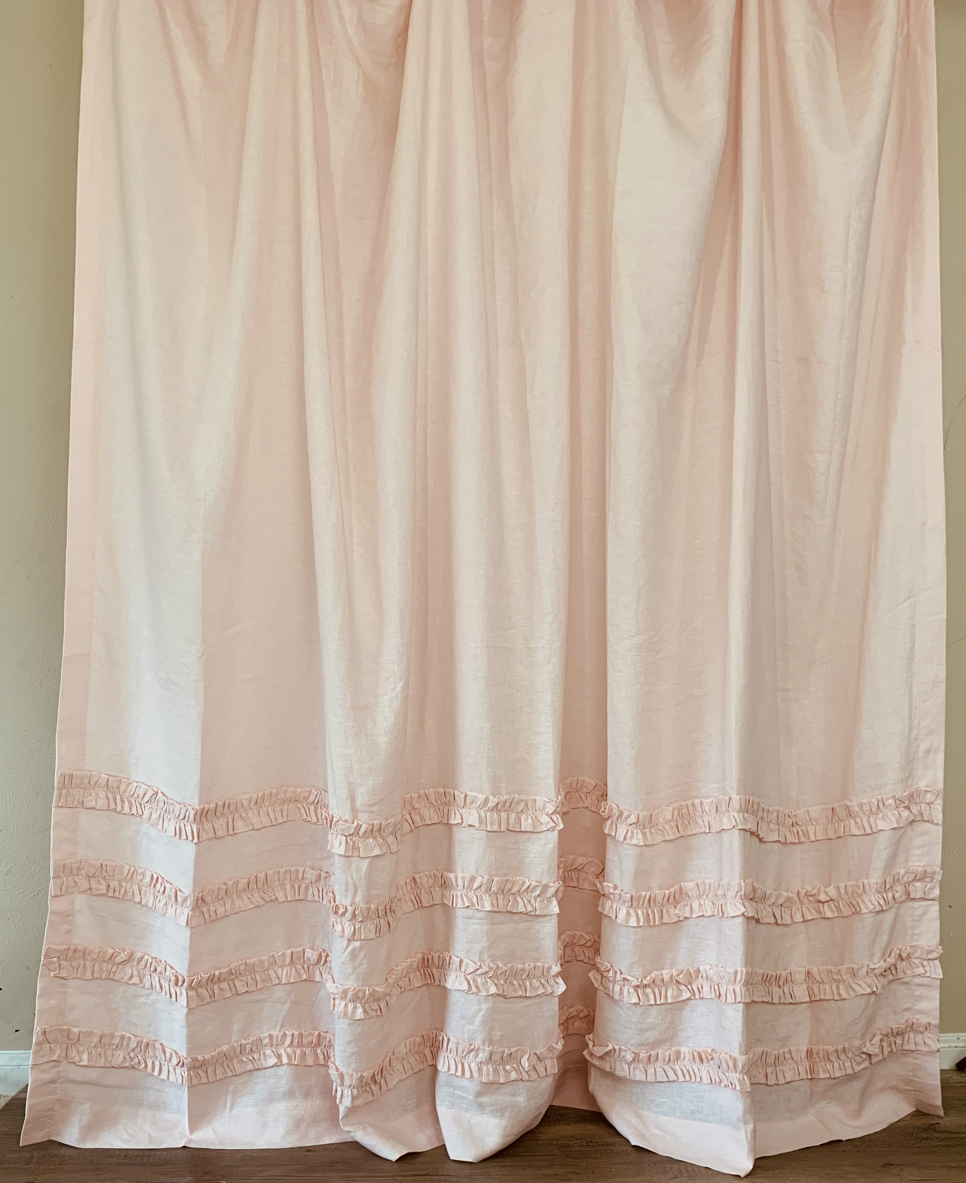 Dogwood Pink Linen Shower Curtain With Rows Of Ruffles