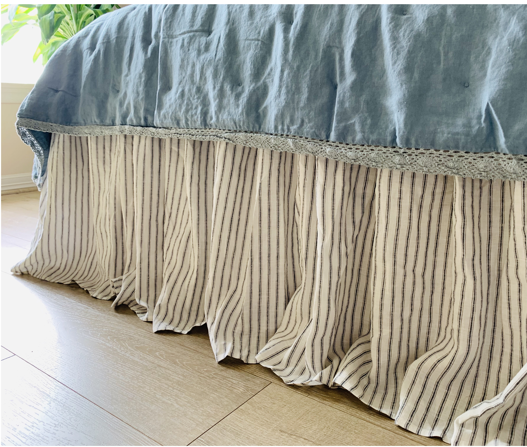 Iron and White Ticking Striped Linen Bed Skirt with Gathered Ruffle