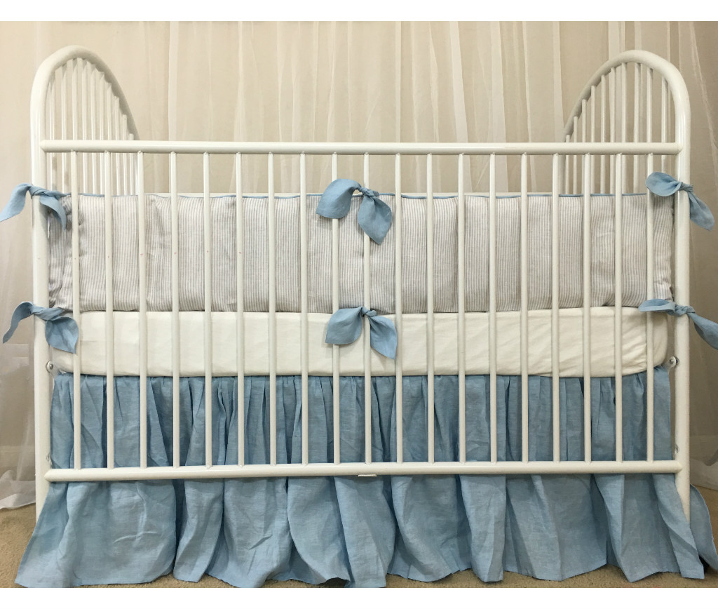 Stone Grey Ticking Striped Bumper, Blue Leaf Shaped Ties and Blue