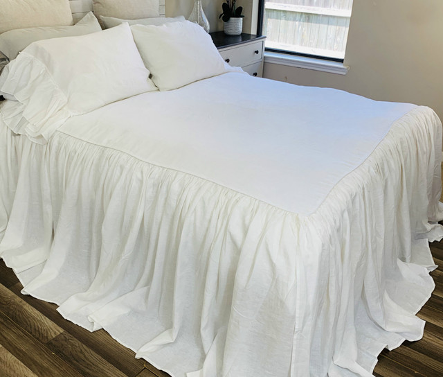 White Linen Bedspread Ruffled Bed Cover