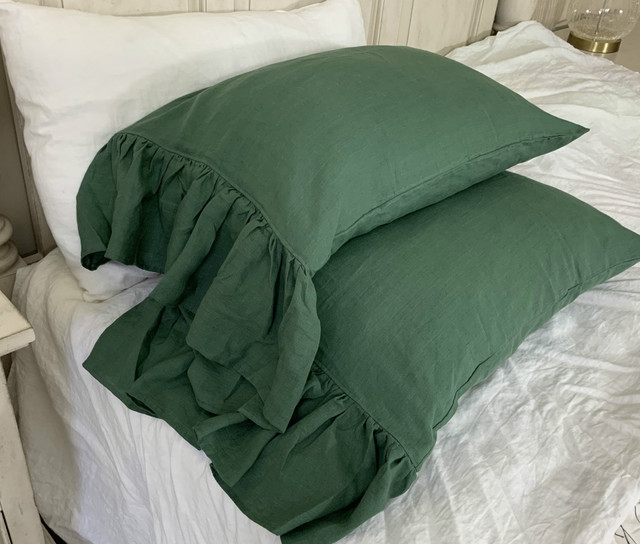 Forest Green Linen Pillow Cases With Mermaid Long Ruffles