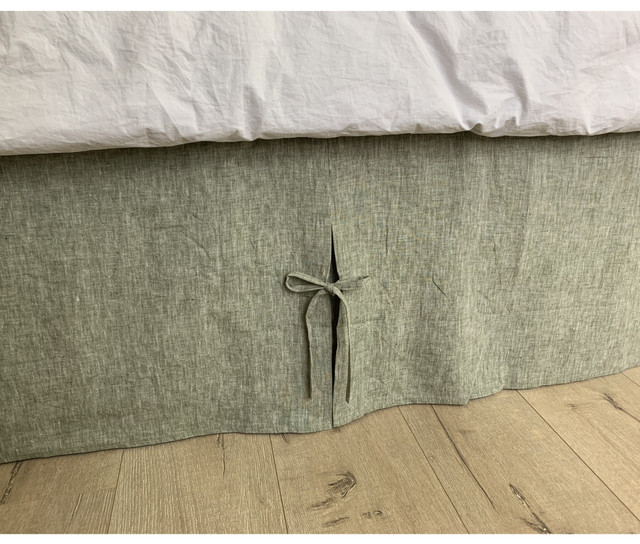 Chambray Olive Green Bed Skirt, Tailored Pleats with Ties, Made to Fit