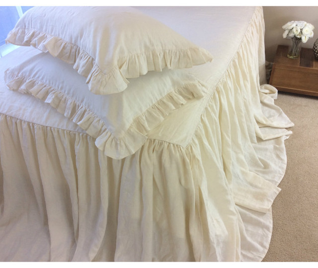 Ivory Cream Bedspread, Linen Ruffled Bed Cover, Custom Size,Queen/King
