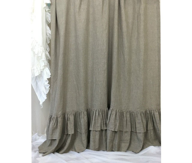 Dark Linen Curtains With Double Layers Of Mermaid Long Ruffles
