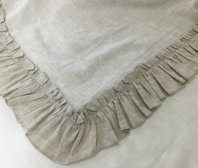 Linen Ticking Striped Euro Sham with Natural Linen Ruffles in Vintage ...
