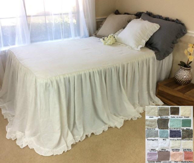 Bedspread With Cinderella Ruffle Hem, White, Grey, Cream, Pink, Blue