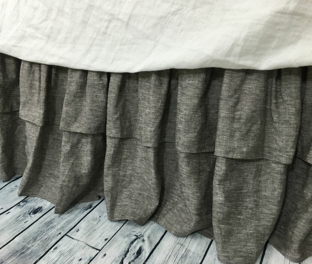 Chambray Grey Bed Skirt With Double Layer Ruffles Available In Twin Full Queen King Calif King 13 24 Drop Or Custom Length