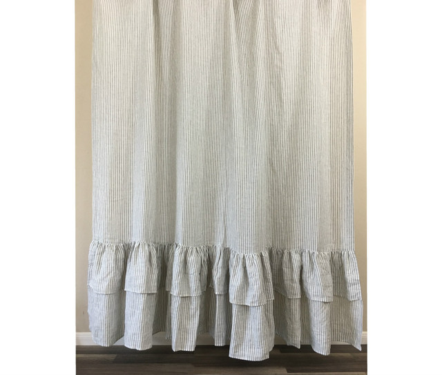 Grey and White Striped Shower Curtain with 2 Tiered Mermaid Ruffles