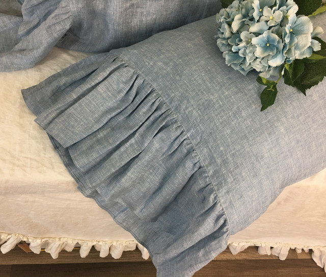 Chambray Surf Blue Linen Pillow Cases With Mermaid Long Ruffles