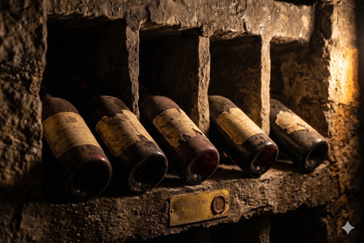 Aged wine bottles lying in a stone cellar rack, dramatically lit, evoking Opimian’s exclusive single-origin allocations